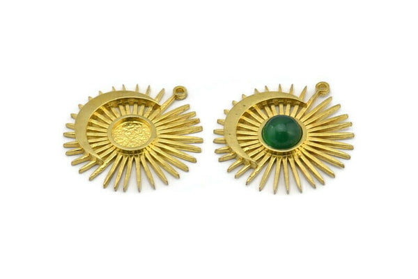 Moon and Sun, Raw Brass, Crescent Moon, Brass Sun, Charm Pendant, Brass Pendant, Brass Charm With 1 Loop - Pad Size 8mm(31x29mm) N1353