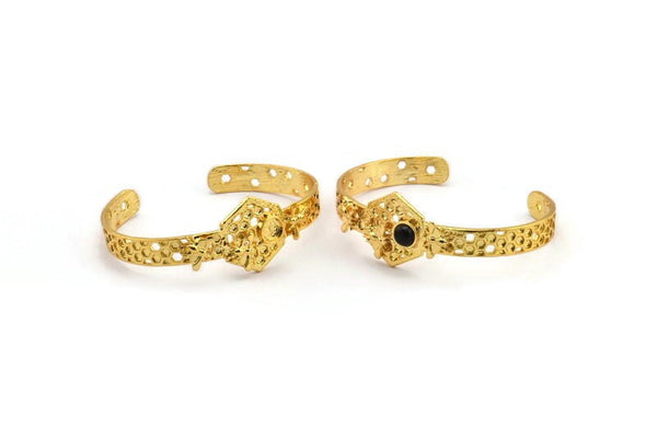 Gold Bee Cuff, Gold Plated Brass Bee And Honeycomb Cuff Stone Setting With 1 Pad - Pad Size 6mm N1655
