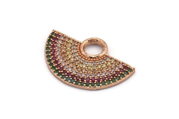 Semi Circle Pendant, 1 Rose Gold Plated Brass Zircon Pave Semi Circle Necklace Pendant With 1 Loop, Jewelry Findings (28x18x1.8mm) F044