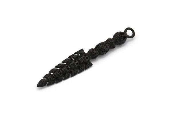 Black Tribal Sword Pendant, 1 Oxidized Brass Black Sword Pendant with Skulls (59x10x6mm) N0193 S136