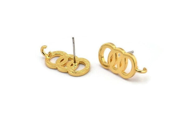 Gold Round Earring, 2 Gold Plated Brass Round Shaped Stud Earrings With 1 Loop (20x10mm) N1862
