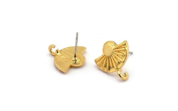 Gold Earring Posts, 2 Gold Plated Brass Semi Circle Earrings Stud With 1 Loop, Half Moon Studs, Sun Studs (14x14x1.8mm) N1865