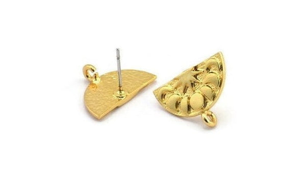 Gold Earring Posts, 2 Gold Plated Brass Semi Circle Moon Phases Shaped Earrings Stud With 1 Loop, Half Moon Studs (17x12x1.5mm) N1858