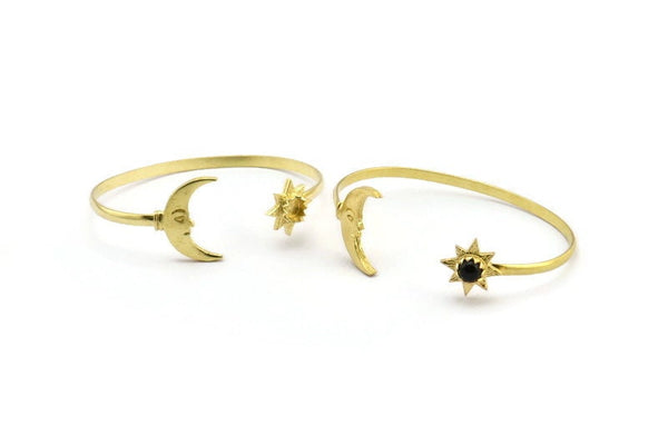 Brass Moon Cuff,  Raw Brass Moon And Star Cuff Stone Setting With 1 Pad -  Pad Size 6mm N1586