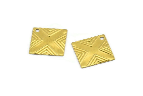 X on Square Charm, 20 Raw Brass Square Textured Charms, Findings  (13x13mm) Brs 433 A0100