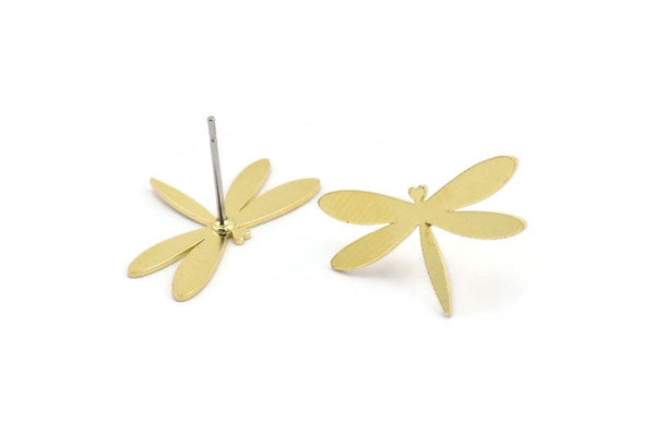 Brass Dragonfly Earring, 10 Raw Brass Dragonfly Shaped Stud Earrings (13x21x0.60mm) A3044