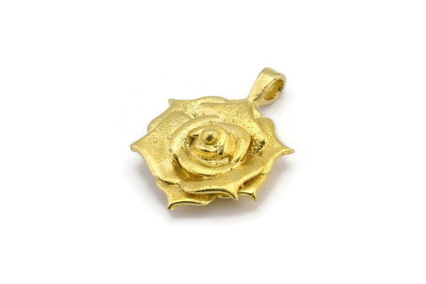 Brass Rose Charm, Raw Brass Flower Charms With 1 Loop, Pendants, Findings (28x20mm) N2059