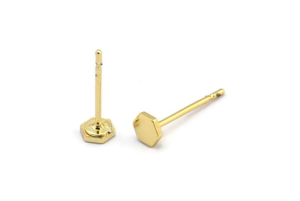Gold Hexagon Earring, 12 Gold Plated Brass Hexagon Stud Earrings (4x0.80mm) D1212 A1237
