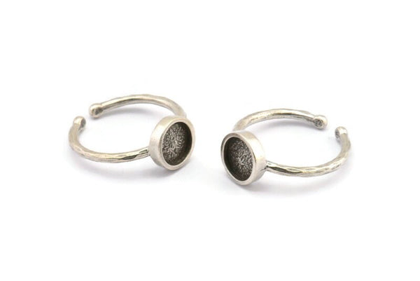 Silver Ring Settings, 2 Antique Silver Plated Brass Round Ring With 1 Stone Setting - Pad Size 7mm N1764