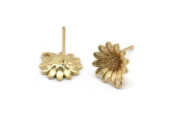 Gold Flower Earring, 4 Gold Plated Brass Flower Stud Earrings With 1 Hole (11x13mm) N1203