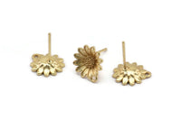 Gold Flower Earring, 4 Gold Plated Brass Flower Stud Earrings With 1 Hole (11x13mm) N1203