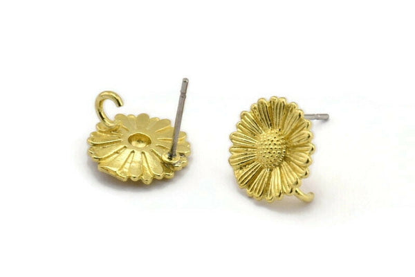 Brass Flower Earring, 8 Raw Brass Flower Stud Earrings With 1 Loop (12mm) N1224