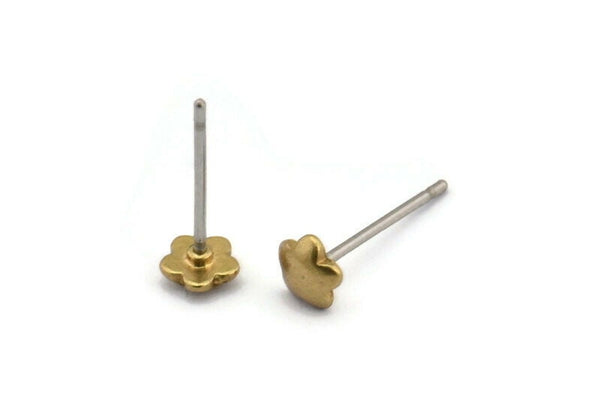 Brass Flower Earring, 12 Raw Brass Flower Stud Earrings (5mm) D1408