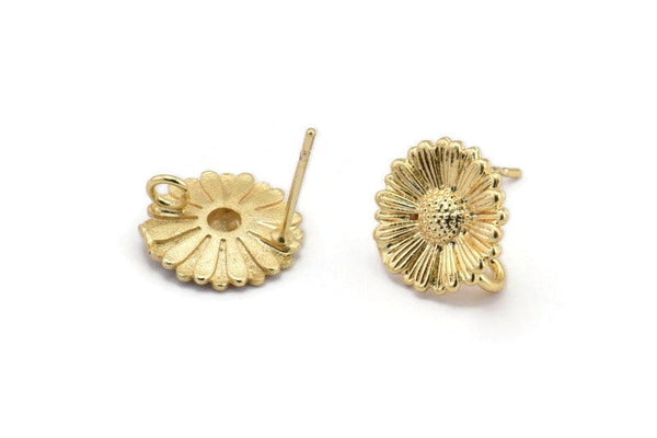 Gold Flower Earring, 4 Gold Plated Brass Flower Stud Earrings With 1 Loop (12mm) N1224 Q1099