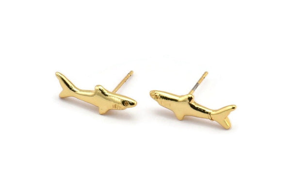 Gold Shark Charm, 4 Gold Plated Brass Fish Stud Earrings (19x10mm) N0894 A1252