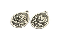 Silver Owl Charm, Antique Silver Plated Brass Owl Textured Drop Shape Charm With 1 Loop, Blanks (38x28.5x0.8mm) E215 Q0678