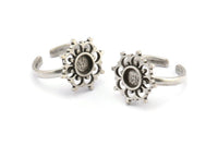 Silver Ring Settings, 2 Antique Silver Plated Brass Flower Rings With 1 Round Shaped Stone Setting - Pad Size 6mm N2101 H1414