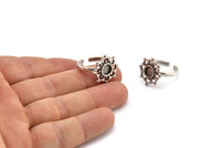 Silver Ring Settings, 2 Antique Silver Plated Brass Flower Rings With 1 Round Shaped Stone Setting - Pad Size 6mm N2101 H1414