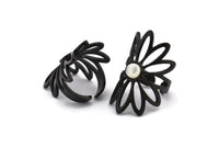 Black Ring Setting, Oxidized Black Brass Flower Ring With 1 Stone Settings - Pad Size 6mm N1793 H0778