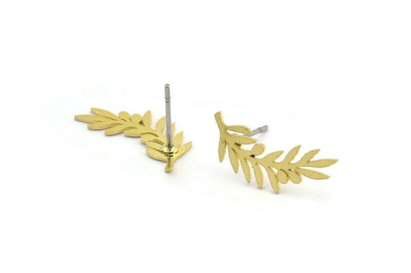 Brass Leaf Earring, 12 Raw Brass Branch Shaped Stud Earrings, Findings (18x8x0.60mm) A3027