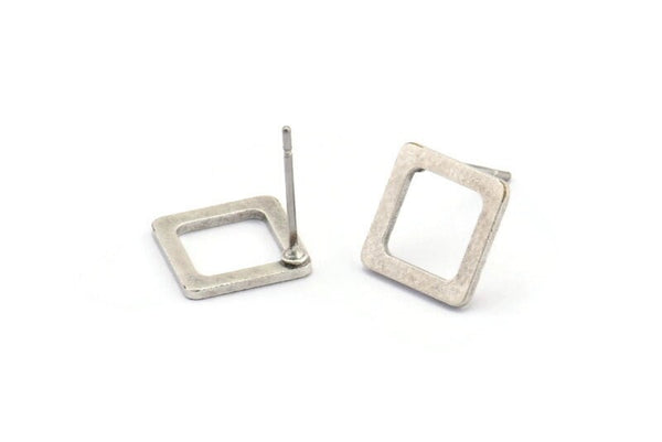 Silver Square Earring, 10 Antique Silver Plated Brass Square Stud Earrings (10x0.80mm) Y115 A1816