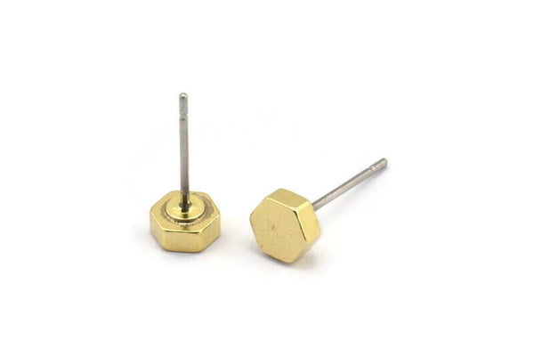 Brass Hexagon Earring, 10 Raw Brass Hexagon Stud Earrings (5x2mm) D0127 A1315