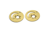 Brass Round Charm, 10 Raw Brass Crescent Moon And Sun Patterned Round Shape Charms With 1 Hole, Charm Pendants (18x0.60mm) A3116