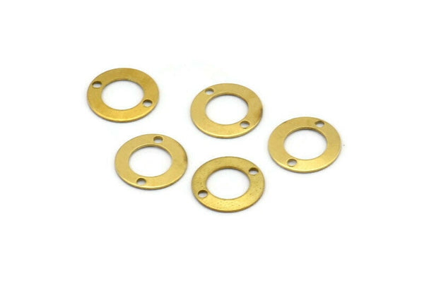 Brass Circle Connector, 100 Raw Brass Circles With 2 Holes And Middle Hole Connectors (10mm) A0538