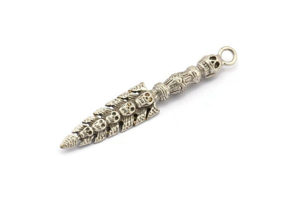 Tribal Sword Pendant, 1 Antique Silver Plated Sword Pendant with Skulls (59x10x6mm) N0193 H0191