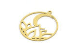 Brass Round Charm, 8 Raw Brass Lotus Flower And Crescent Moon Patterned Round Shaped Charms With 1 Loop, Findings (31x28x0.60mm) A3301