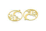 Brass Round Charm, 8 Raw Brass Lotus Flower And Crescent Moon Patterned Round Shaped Charms With 1 Loop, Findings (31x28x0.60mm) A3301