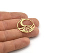 Brass Round Charm, 8 Raw Brass Lotus Flower And Crescent Moon Patterned Round Shaped Charms With 1 Loop, Findings (31x28x0.60mm) A3301