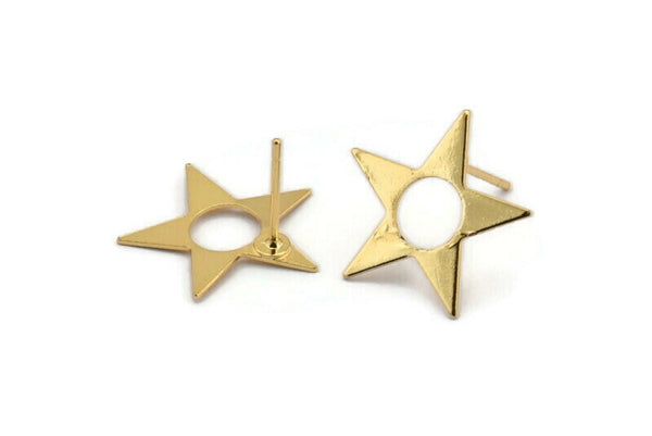 Gold Star Earring, 6 Gold Plated Brass Star Stud Earrings (16mm) A1181  A1827