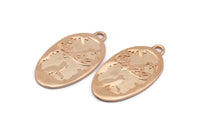 Rose Gold Cat Charm, 1 Rose Gold Lacquer Plated Brass Cat And Bird Textured Oval Charms With 1 Loop, Blanks (42x24x1.2mm) E218