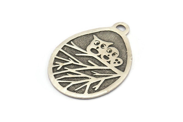 Silver Owl Charm, Antique Silver Plated Brass Owl Textured Drop Shape Charm With 1 Loop, Blanks (38x28.5x0.8mm) E215 Q0678