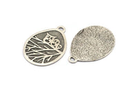 Silver Owl Charm, Antique Silver Plated Brass Owl Textured Drop Shape Charm With 1 Loop, Blanks (38x28.5x0.8mm) E215 Q0678
