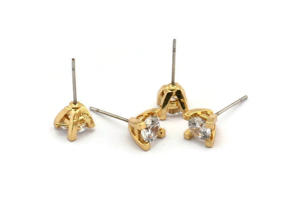 Gold Stud Earring, 4 Gold Plated Brass 4 Claw Stud Earrings, CZ Pave Earrings, Round Zircon Stud Earrings (7mm) SY0164