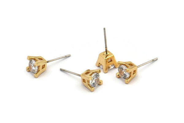 Gold Stud Earring, 4 Gold Plated Brass 4 Claw Stud Earrings, CZ Pave Earrings, Round Zircon Stud Earrings (7mm) SY0159