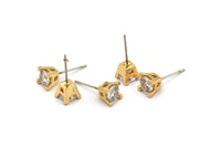 Gold Stud Earring, 4 Gold Plated Brass 4 Claw Stud Earrings, CZ Pave Earrings, Round Zircon Stud Earrings (7mm) SY0159
