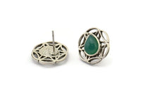 Silver Flower Earring, 4 Antique Silver Plated Brass Flower Stud Earrings With 1 Drop Shaped Stone - Pad Size 8x6mm N2090 H1434