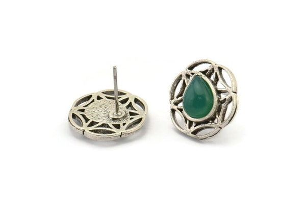 Silver Flower Earring, 4 Antique Silver Plated Brass Flower Stud Earrings With 1 Drop Shaped Stone - Pad Size 8x6mm N2090 H1434