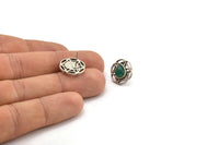 Silver Flower Earring, 4 Antique Silver Plated Brass Flower Stud Earrings With 1 Drop Shaped Stone - Pad Size 8x6mm N2090 H1434