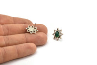 Silver Star Earring, 4 Antique Silver Plated Brass Star Stud Earrings With 1 Drop Shaped Stone - Pad Size 8x6mm N2081 H1431