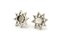 Silver Star Earring, 4 Antique Silver Plated Brass Star Stud Earrings With 1 Round Shaped Stone - Pad Size 6mm N2083 H1429
