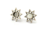 Silver Star Earring, 4 Antique Silver Plated Brass Star Stud Earrings With 1 Round Shaped Stone - Pad Size 6mm N2083 H1429