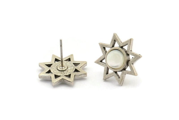 Silver Star Earring, 4 Antique Silver Plated Brass Star Stud Earrings With 1 Round Shaped Stone - Pad Size 6mm N2083 H1429
