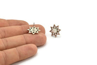 Silver Star Earring, 4 Antique Silver Plated Brass Star Stud Earrings With 1 Round Shaped Stone - Pad Size 6mm N2083 H1429
