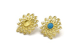 Brass Sun Earring, Raw Brass Sunshine Stud Earrings with 6mm Stone pad, with 1 Loop (27x25mm) N0847