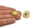 Brass Sun Earring, Raw Brass Sunshine Stud Earrings with 6mm Stone pad, with 1 Loop (27x25mm) N0847
