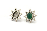 Silver Star Earring, 4 Antique Silver Plated Brass Star Stud Earrings With 1 Oval Shaped Stone - Pad Size 8x6mm N2082 H1430